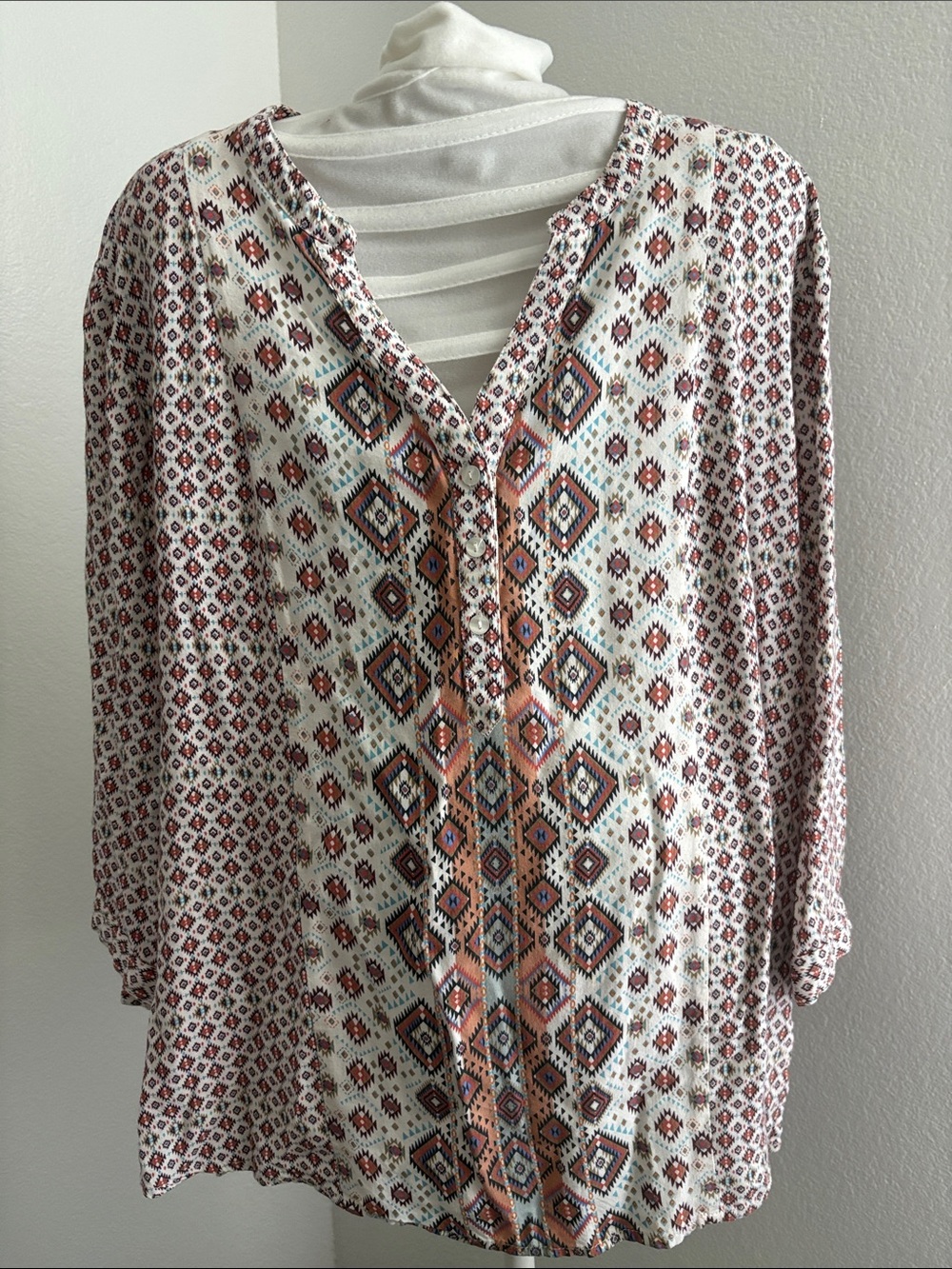 Hannah Geometric V-Neck Tunic in Cream, Rust and Teal